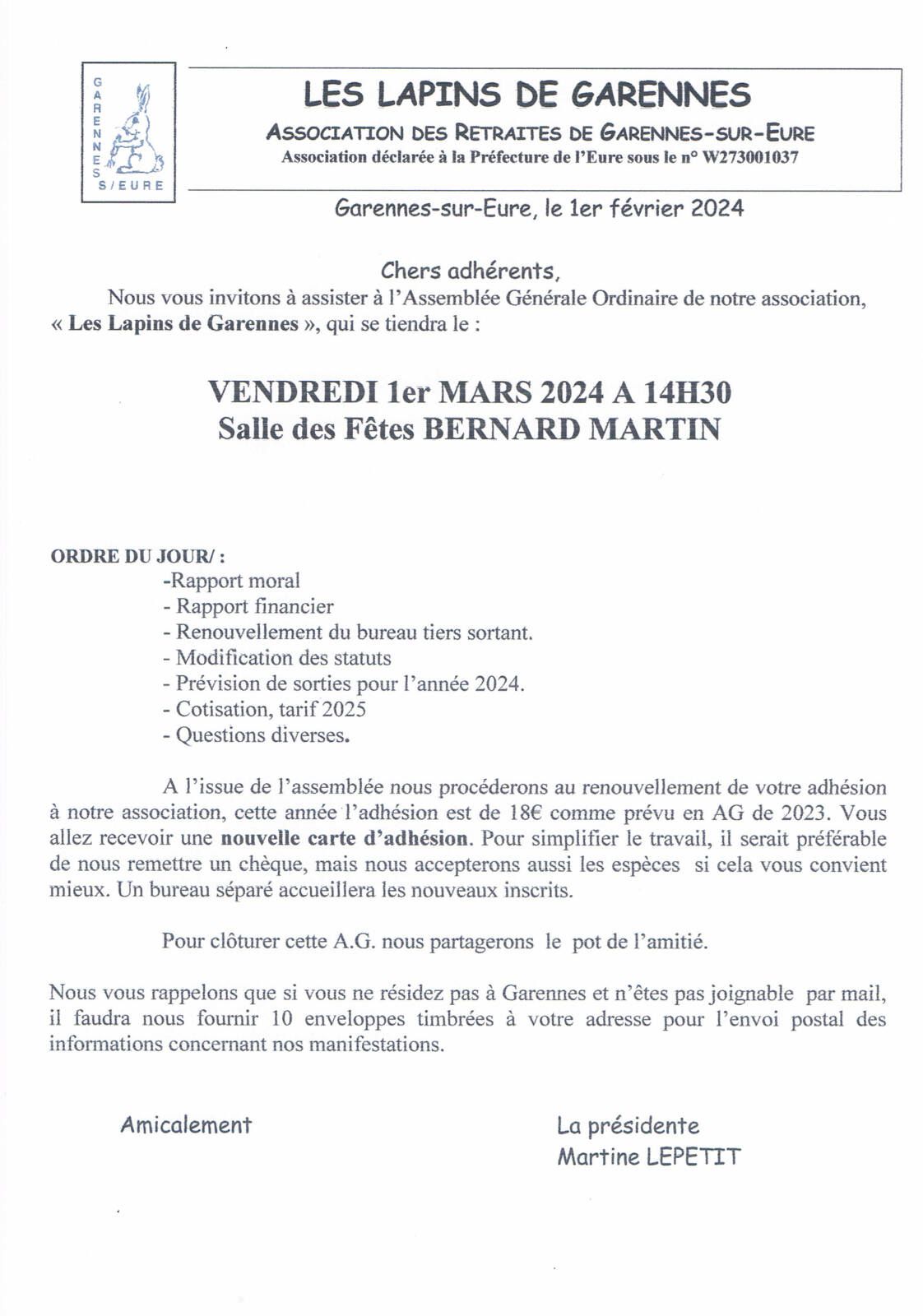 ASSEMBLEE GENERALE LE 1er MARS 2024